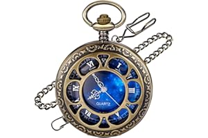 Tiong Quartz Pocket Watch Hollow Steampunk Blue Star Design Roman Numerals Pocket Watch with Chain Christmas Gifts
