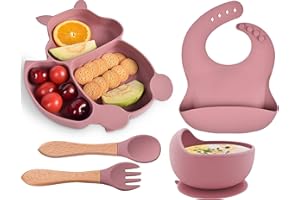 Hoseay Baby Weaning Set, 5 in 1 Baby Feeding Set Silicone Suction Plate and Bowl Spoon Fork Bibs Eating Set for Kids, Toddler Plates and Bowls Sets Baby Essentials for Baby Led Weaning, Pink Squirrel