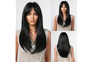 ‎TESTAR testar 24 Zoll Schwarze Perücken Für Frauen Lange Geschichtete Gerade Perücken Natürlich Aussehende Synthetische Hitzebeständige Perücke Leimlose Perücke Für Den Täglichen Gebrauch