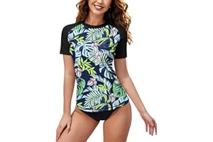 BesserBay Damen Kurzarm Rash Guard Shirt mit Schönen Mustern UV Shirt Schwimmshirt Tankini UPF 50+ S-XXL