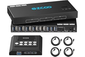 ROFAVEZCO 4K@60Hz HDMI KVM Switch USB 3.0 4 Computers 2 Monitors EDID Emulators,KVM Matrix Switch for 4PC Share 2 Displays and 4 USB 3.0 Ports SPDIF L/R Audio,Matrix/Mirro Mode,2USB Cable and Controller.