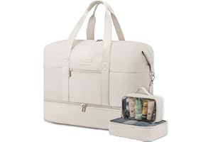 LOVEVOOK Travel Bags for Women, Waterproof Overnight Weekend Duffle Gym Hospital Holdall Bag with Shoes Compartment & Trolley Sleeve, Cabin Carry On Flight Bag, Beige