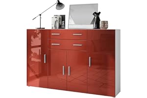 Vladon Highboard Aron Anrichte mit 2 Schubladen und 4 Türen mit insgesamt 8 Fächer dahinter, Weiß matt/Bordeaux Hochglanz (166,5 x 106,5 x 35 cm)