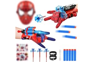 NHYDZSZ 2 Set Launcher Handschuh, Spid-er Spielzeug ab 3-8 Jahre Junge, Spid-er Netzwerfer Handschuhe mit Maske und Aufkleber, Held-Cosplay Set für Kinder Fans, ab 3-10 Kinder Geschenk Junge