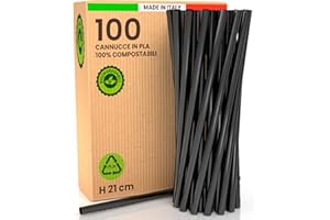 BACIATO CAFFÈ 100 Cannucce Rigide e Riutilizzabili 100% Ecologiche e Compostabili - Colore Nero 21cmx6mm Lisce e Resistenti - Made in Italy - Eventi Feste Bevande e Cocktail