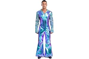 Fldy Herren Metallic Jumpsuit Glitzer 70er 80er Jahre Hippie Disco Outfit Overall Mit Schlag Festival Party Fasching Clubwear