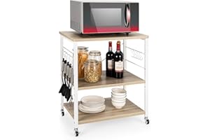 COSTWAY Carrello da Cucina con 10 Ganci Rimovibili, Scaffale per Pasticceria con 3 Livelli, Scaffale con Struttura di Metallo con Ruote Bloccabili per Bar Ristorante Hotel, 60 x 40 x 73,5 cm (Beige)