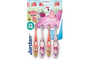 Jordan* | Step 2 Spazzolino da denti Bambini | Spazzolino per bambini di età 3-5 anni | Setole morbide, doppio manico ergonomico e senza BPA | Colore Rosa & Giallo | Confezione 4 unità