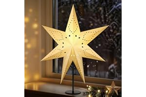 ‎LEWONDR Lewondr 3D Papiersterne Weihnachten Tischlampe, 17,72" Ausgehöhlter 7-zackiger Weihnachtsstern Beleuchtet mit E14 LED-Birne, Weihnachtsstern Stehend Weihnachtsdeko mit Eisenbasis für Innen Feiertag