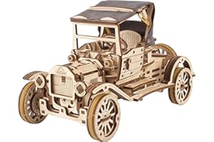 UGEARS Puzzle 3D zestaw do budowy samochodu – retro zabawkowy zestaw modelarski samochodu dla dorosłych i dzieci – drewniane puzzle 3D, modelarstwo samochodu ze składanym dachem i 4-cylindrowym