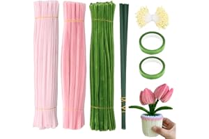 Anseom 300 Piezas Limpiapipas para Manualidades, 30cm Tallos de Chenilla de Colores, Limpiapipas de Chenilla para Flores de Tulip con 20 Tallos de Flores, 2 Cinta de Flores (Rosa)