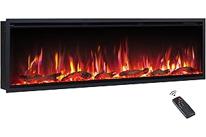 FlameKo Avena 153cm/60" Slim Frame Recessed Media Wall Inset Electric Fireplace with Multi Flame Colours, with Logs, Heater 750W & 1500W