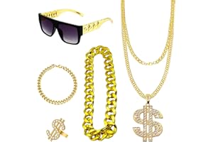 GWAWG Disfraz de hop hip, accesorios de hip-hop para todas las edades, pulsera de cadena de oro falsa, anillo, collar de signo de dólar falso, gafas