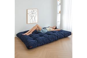 MAXYOYO Japanese Corduroy Fabric Floor Mattress Futon Mattress, Shredded Foam Filling Thicken Tatami Mat Sleeping Pad Foldable Roll Up Dormitory Lounger Pillow Bed (King,Navy)