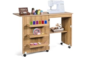 GIANTEX Table Couture Pliante, Meuble Machine à Coudre avec 4 Étagères pour Travaux Manuels, 5 roulettes, Armoire Couture avec Rangement pour Petits Espaces (118,5 x 40 x 79,5 cm, Naturel Foncé)