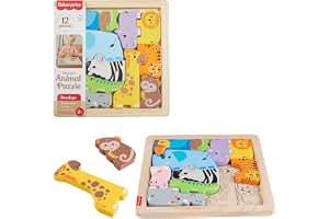 Fisher-Price Träpussel med djur för småbarn | 12 träklossar, finmotorik och problemlösning, för barn från 2 år, JFG10