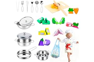 FIVAVA Kit Cucina Giocattolo per Bambini | Accessori di Cucina Giocattolo Completi con Casseruole in Acciaio Inox, Grembiule & Giocattoli Frutta/Verdura | Gioco di Ruolo per Ragazze e Ragazzi