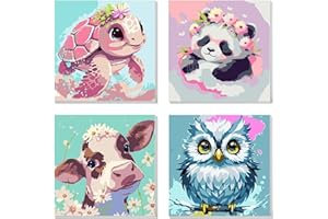 LOITTAINUE Malen Nach Zahlen mit Rahmen 4 Stück ab 5 6 7 8 9 Jahre Mädchen und Jungen, DIY Handgemalt Ölgemälde Kit Tiere für Erwachsene, Kinder und Anfänger mit Pinsel und Acrylfarben 20 X 20cm