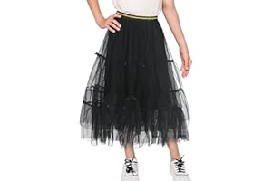 Maeau - Falda Larga de Niña Falda Medio de Tul Tutú Cintura Alta Falda Línea A Pajarita Falda Plisada Dos Capas Casual Falda Larga Princesa - 4-12 años