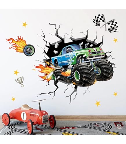 Runtoo Stickers Muraux Voiture De Course 3D Autocollant Mural Sport Garcon Décoration Murale Chambre Enfants Bébé