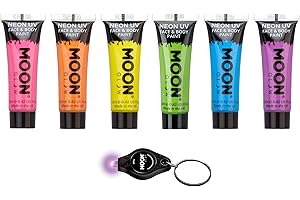 Moon Glow, intensive Neon-UV-Gesichts- und Körperfarbe, inklusive UV-Schlüsselanhänger (Rosa, Orange, Gelb, Grün, Blau, Lila, 12 ml (6er-Pack))