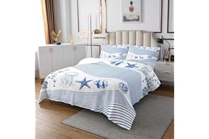 LOUSSIESD Oceano Mare Trapuntato Coperta Meduse Stelle marine Creatura Sealife Stripe Trapuntato Copriletto per Ragazzi Ragazze Bambino Blu Bianco Set di Coperture Formato 2 Pz170X230cm