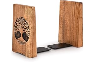 Indus Lifespace Office Bookends - Iron & Acacia Wood Tree of Life for Shelves or Bookcase - Heavy Duty (10.16cm x 10.16cm x 15.24cm), Set of 2