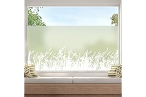 ‎DKTIE dktie Fensterfolie Blickdicht Sichtschutzfolie Fenster Milchglasfolie Pflanzen und Gras Statische Aufkleber ohne Klebstoff Wiederverwendbar Geeignet für Wohnzimmer, Schlafzimmer, Küche 90x200cm