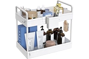 SOLEJAZZ Organizador de encimera de baño, Soporte para cosméticos de 2 Niveles, Bandeja de baño con divisores, Organizador de Estante de Almacenamiento para Maquillaje y perfumes cosméticos, Blanco