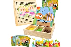 Gohytal Mosaik Steckspiel für Kinder, Spielzeug ab 2 3 4 5 Jahre Holz Mosaik Bastelset Kinder Pegboard Gabelungen mit Steckperlen & Karten Montessori Steckspiel 3D Geschenke für Jungen/Mädchen