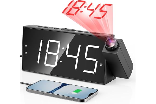 Projektionsugare för sovrum, digital väckarklocka med stor LED-display och dimmer, 180° projektor, USB-laddare, 12/24 H, sommartid, lummer, skrivbord-takur för äldre barn