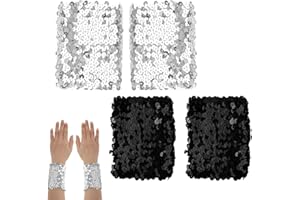 Gruvox 4 PCS Sequin Wrist Cuffs Shiny Dress Wristbands Stretchy Sequins Oversleeve Wrist Womens Sparkly Shiny Sequins Stretchy Oversleeve Wrist Dance Costumes Party Props Arm Sleeves (Black silver)