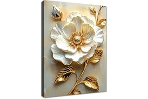 WENGTIAO Stampa su Tela 3D Fiori di Peonia Bianca Con Cornice Quadro su Tela Lusso Foglie d'oro Floreale Quadri Moderni Soggiorno Casa Camera da Letto Pittura Decorazioni Parete 30x40 cm