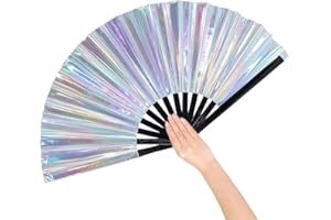 Grevosea Large Folding Hand Rave Fan, 13" Glitter Holographic Rave Folding Fan for Lridescent Festivals Rainbow Outfits Disco Party Home Decoration and Cooling in Various Occasions