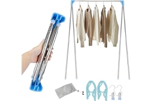 CARSEATTY Portant à vêtements Portable Pliable télescopique de 33 à 71 cm, réglable, pour Le Linge à la Maison, Le Camping, Les Voyages en Plein air (avec cintres pliants et Pinces à Linge) (Bleu)