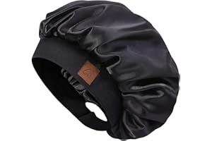 Hat Hut Capó de satén de seda para mujer, gorro para cabello rizado natural, banda ancha ajustable, doble capa