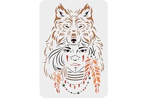 FINGERINSPIRE Stencil da parete con testa di lupo 29,7x21cm riutilizzabile con testa di lupo e piume, stencil da parete, per dipingere su piastrelle in tessuto, pavimento