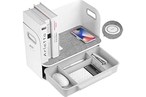 Ergo Office ER-441 Uniwersalny Organizer na Biurko z Bezprzewodowym Ładowaniem Qi, Elegancki Biały Organizer na Artykuły Biurowe ze Stacją Ładującą, Ogranizer na Biurko z Ładowarką, Regał
