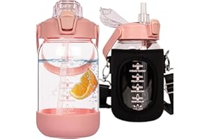 Seekua Szklana butelka na napoje, ze słomką i znacznikami czasu, szczelna, duża butelka na wodę, nadaje się do smoothie, nadaje się do mycia w zmywarce, 1 l