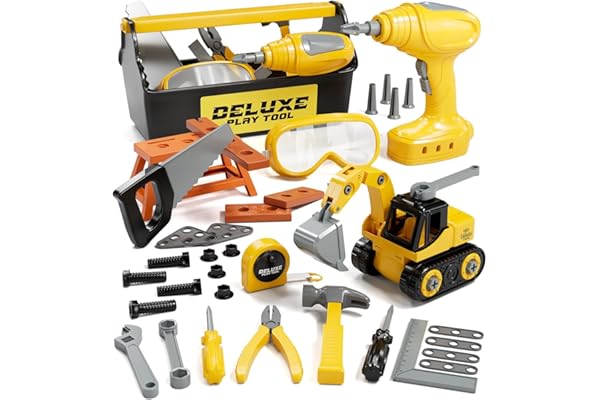 Lehoo Castle Boite Outils Enfant, Etabli avec Perceuse Électrique, Visseuse, Metre Ruban, Démonter et Assembler Voiture, Caisse a Outil Cadeau Montessori Jouets pour Enfant 3 Ans+