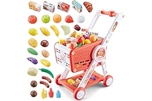 KalaDuck Carrello Spesa Giocattolo Bambini, 31PCS Supermercato Carrello Spesa con Accessori Alimenti Frutta Verdura , Gioco di Ruolo Cestino della Spesa Giochi del Negozio per Ragazzi Ragazze (Rosso)
