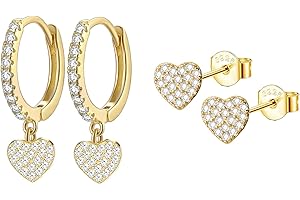 Epoch World 2 Paar Damen Ohrringe Silber 925 Gold Herz Ohrringe Hängend Creolen mit Anhänger Herz Creolen Gold Ohrstecker Klein mit Cubic Zirkonia Ohrschmuck Ohrstecker für Damen Mädchen Frauen