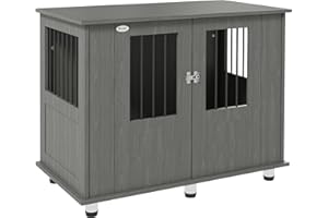 PawHut Dog Crate Furniture End Table, Pet Kennel for Medium and Large Dogs with Magnetic Door, Grey, 95 x 55 x 75 cm