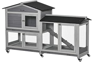 PawHut Conigliera da Esterno a 2 Livelli con 6 Ruote, Vassoio Rimovibile, Rampa e Rete Metallica, Casetta per 1-3 Conigli in Legno di Abete e Tetto in Bitume, 157.4x53x99.5 cm, Grigio