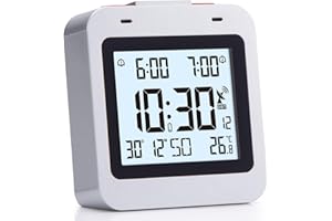 VINILITE Sveglia Digitale da Comodino Radiocontrollata con Temperatura, Orologio da Tavolo, Sveglia da Viaggio a Pile, Argento