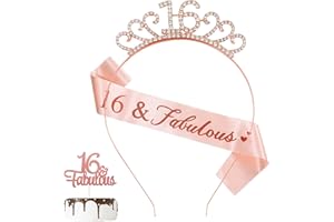 MIOSJI 16th Birthday Sash and Tiara Crystal Crown Hats Headband for Girl 16th Birthday Decorations Gift Party Accessories