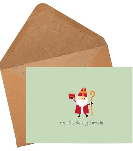 Produktbild von 10 Nikolaus Weihnachtskarten - Vom Nikolaus Gebracht! - Recyclingpapier, Kalligrafie, Weiß Schwarz