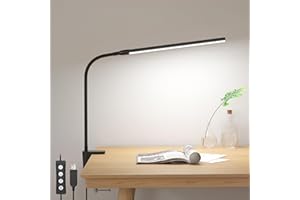 Lepro Lampa biurkowa LED, zaciskowa, biurkowa, architektoniczna z ramieniem obrotowym, ochrona oczu, zaciskowa, USB, 3 kolory i 10 poziomów jasności, ściemniana, lampa stołowa do biura, czarna