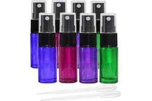 JamHooDirect 8 botellas de vidrio vacías de 5 ml con pulverizadores negros de niebla fina, atomizador de perfume de viaje, mini recipiente portátil recargable, incluye 2 cuentagotas para aceites