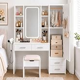 GOKHOMX Makeup Vanity with LED Mirror and Stool | 3 Colours, 4 Drawers, 2 Sockets, USB-A, USB-C, Dryer Holder, Stool Chest, L